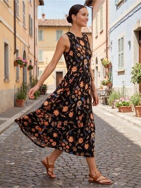 Ulla Johnson jersey Floral Sleeveless Midi Dress Black with Orange & Blue Sz XL